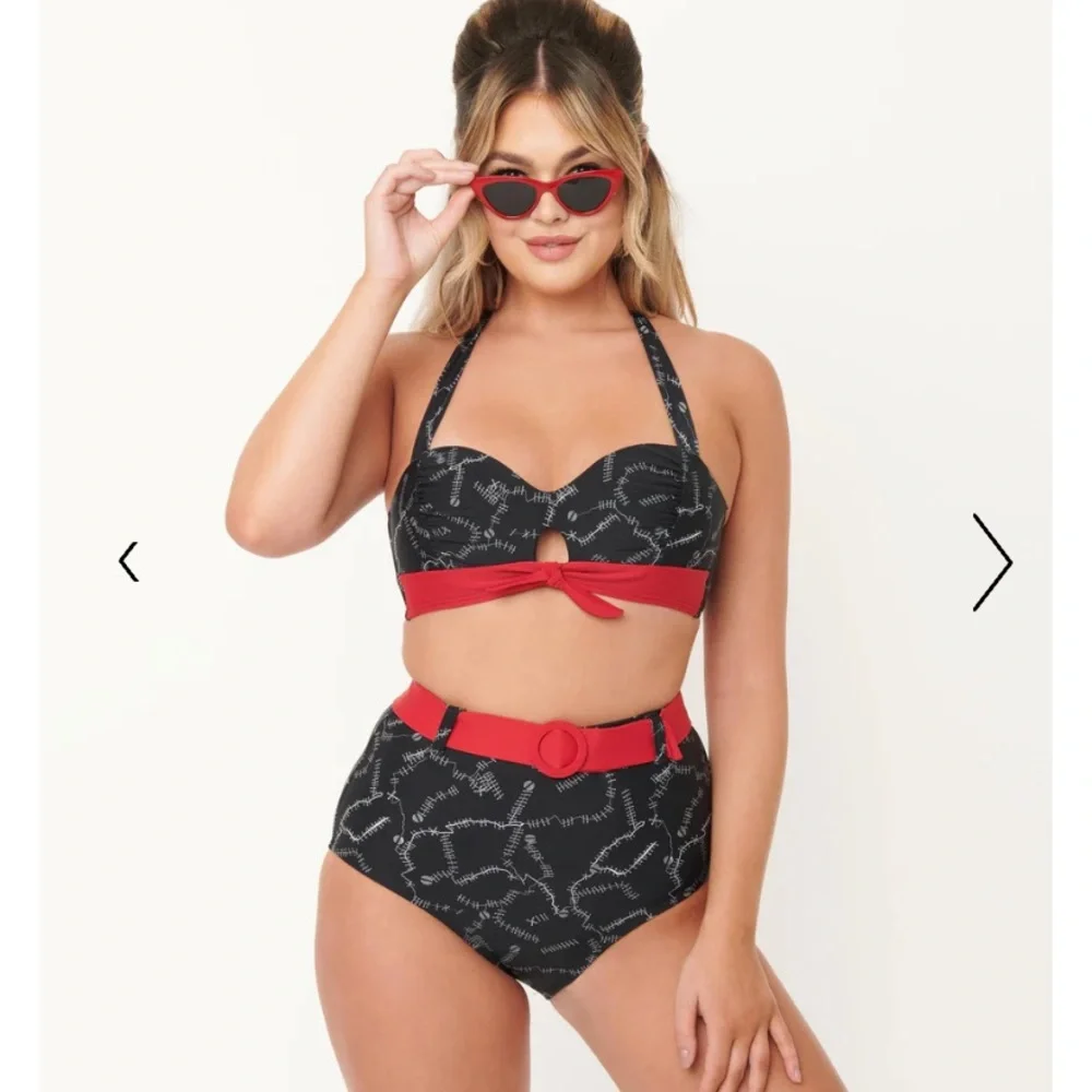 Unique Vintage‎ NWT Halter Bikini Top and Belted Swim Bottom SET